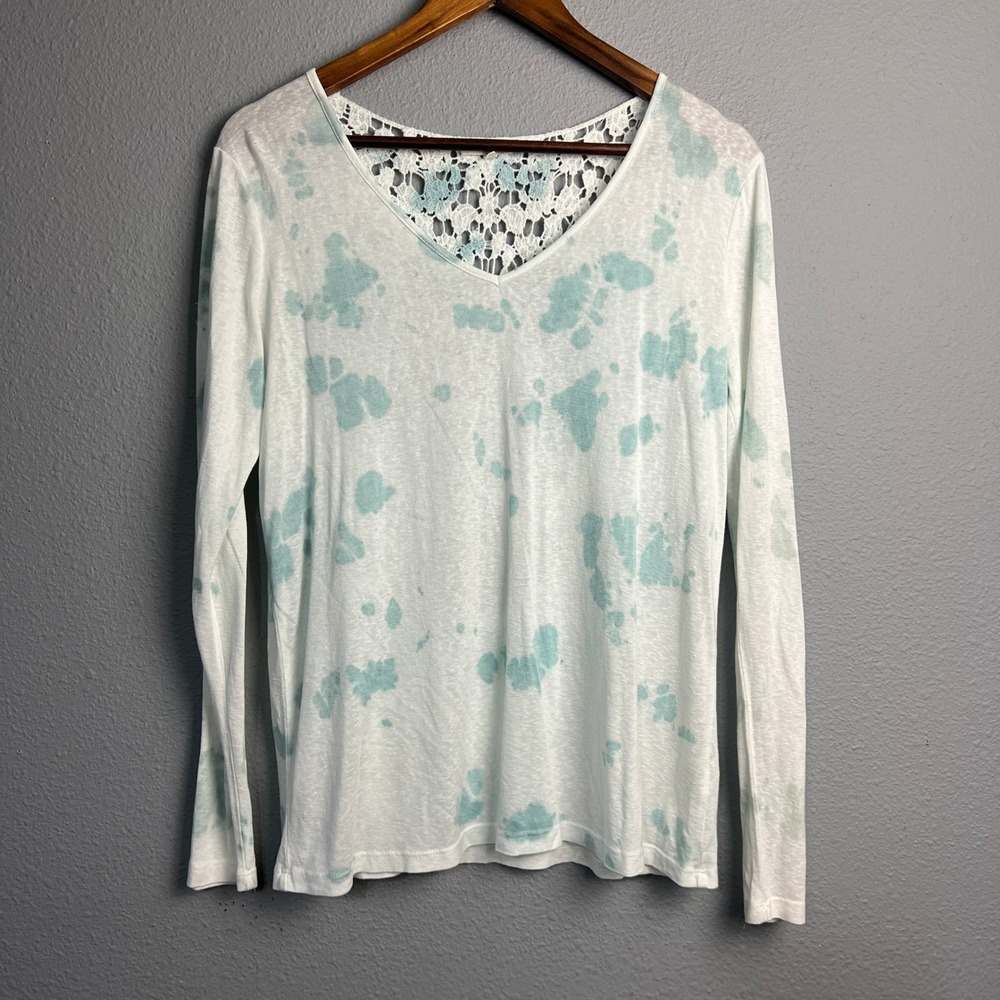 Mystree Women's White Aqua Tie Dye Long Sleeve Top Crochet Lace Back‎ Detail